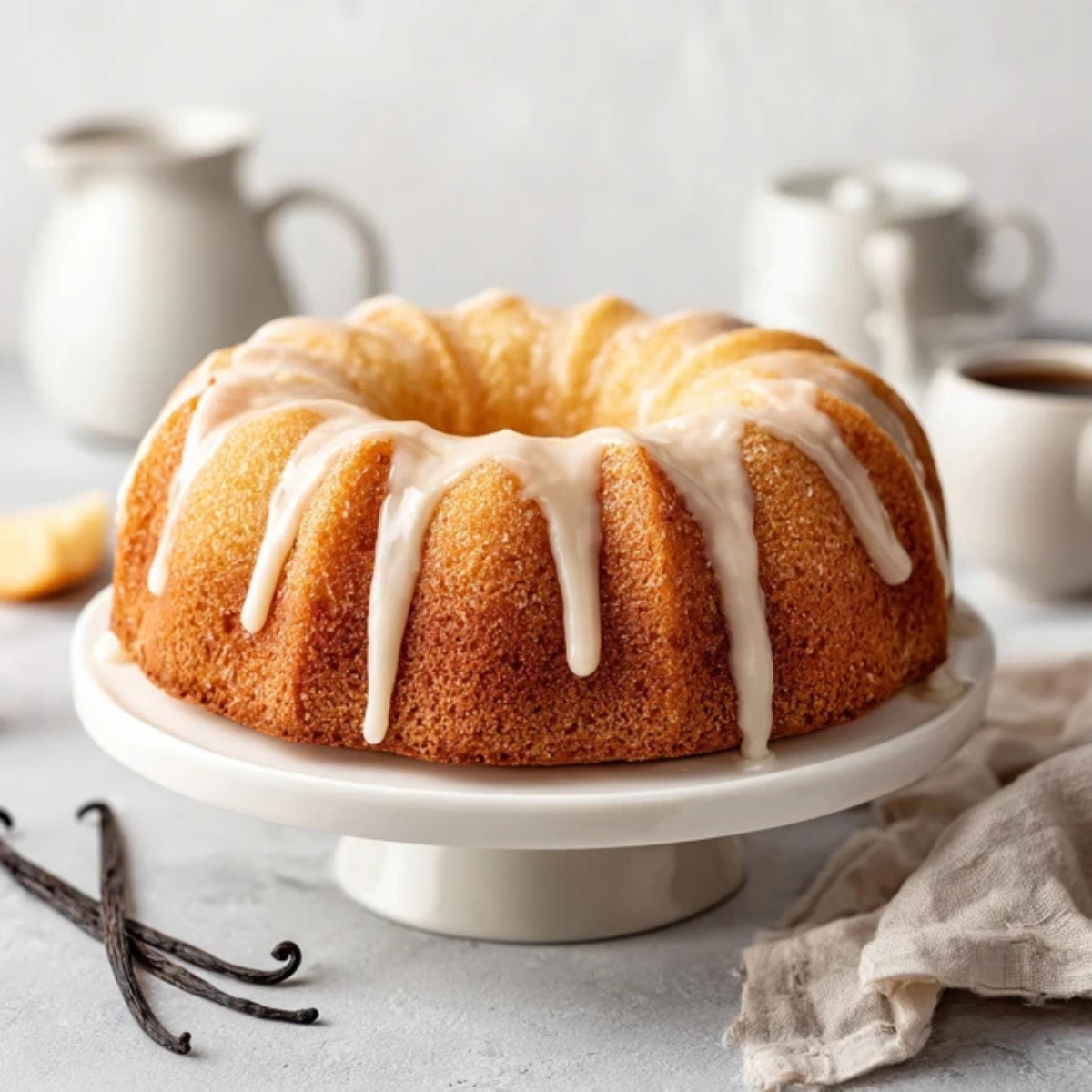 Moist Vanilla Bundt Cake with vanilla glaze on white kitchen counter