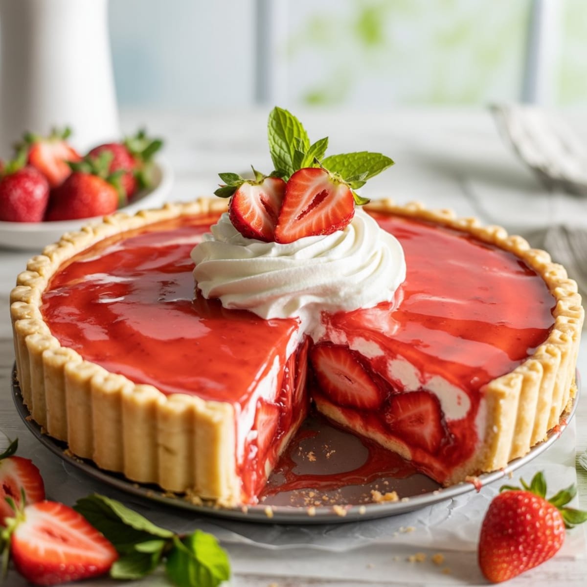 Fresh strawberry pie with glossy strawberry filling, golden flaky crust, topped with whipped cream, served on a white kitchen counter with fresh strawberries around