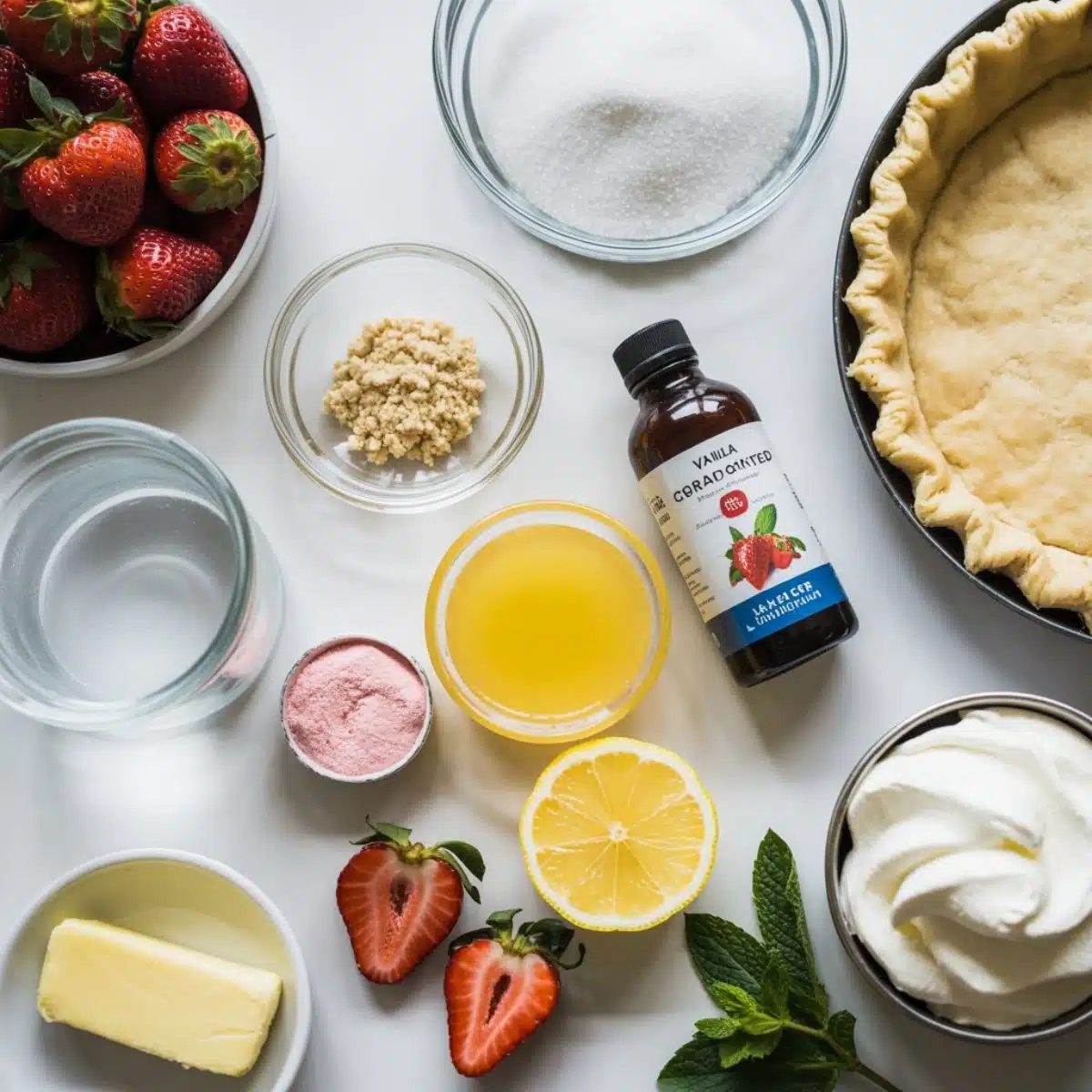 Strawberry pie recipe ingredients arranged on a white kitchen counter with fresh strawberries, pie crust, sugar, and cornstarch